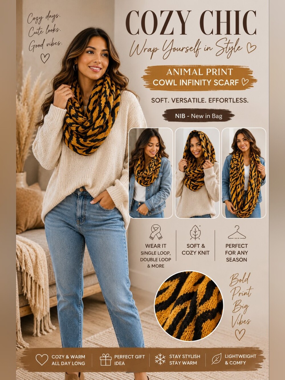 Animal Print Cowl Infinity Scarf | Soft Chunky Knit Neck Warmer | Multi-Way